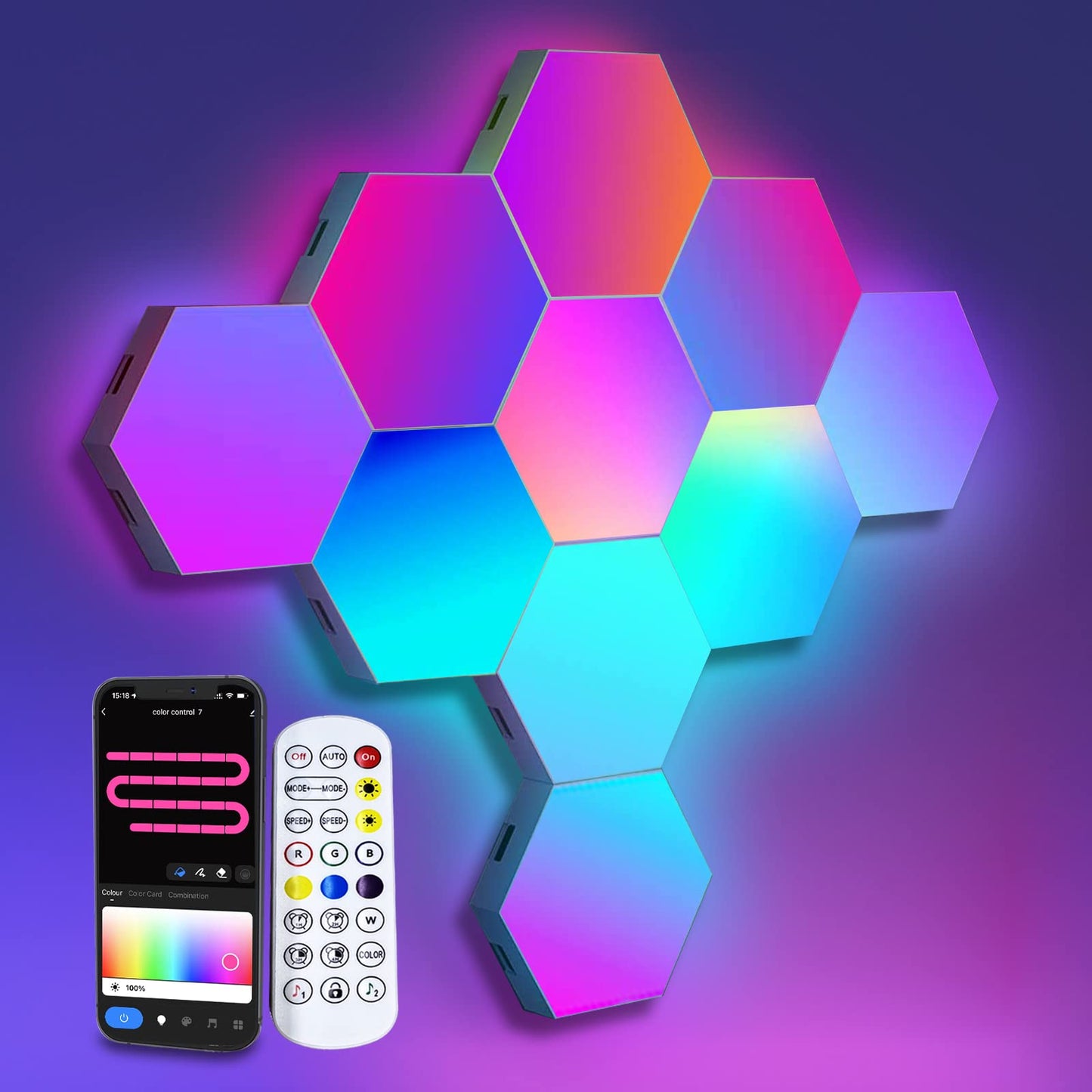 Color RGB Bluetooth LED Hexagon Light 6Pcs Wall With APP+ Remote Control