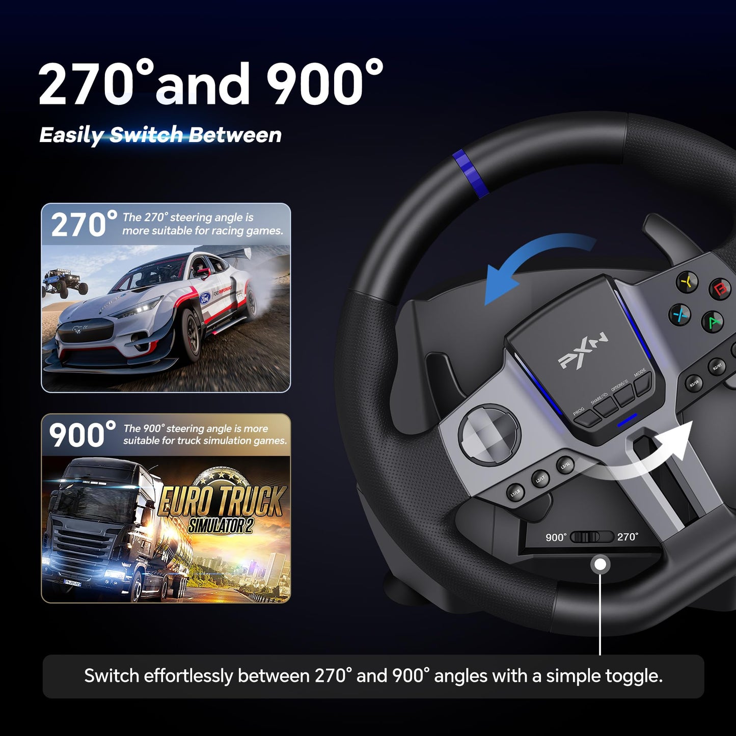 PXN-V9 Gen2 Steering Wheel Gaming, Steering Wheel Xbox PC, 270/900° Car Simulation with Dual-Mode, 3-in-1 Pedals and Shifter Bundle for PC, PS4, PS3,Xbox One, Xbox Series X/S,Switch,