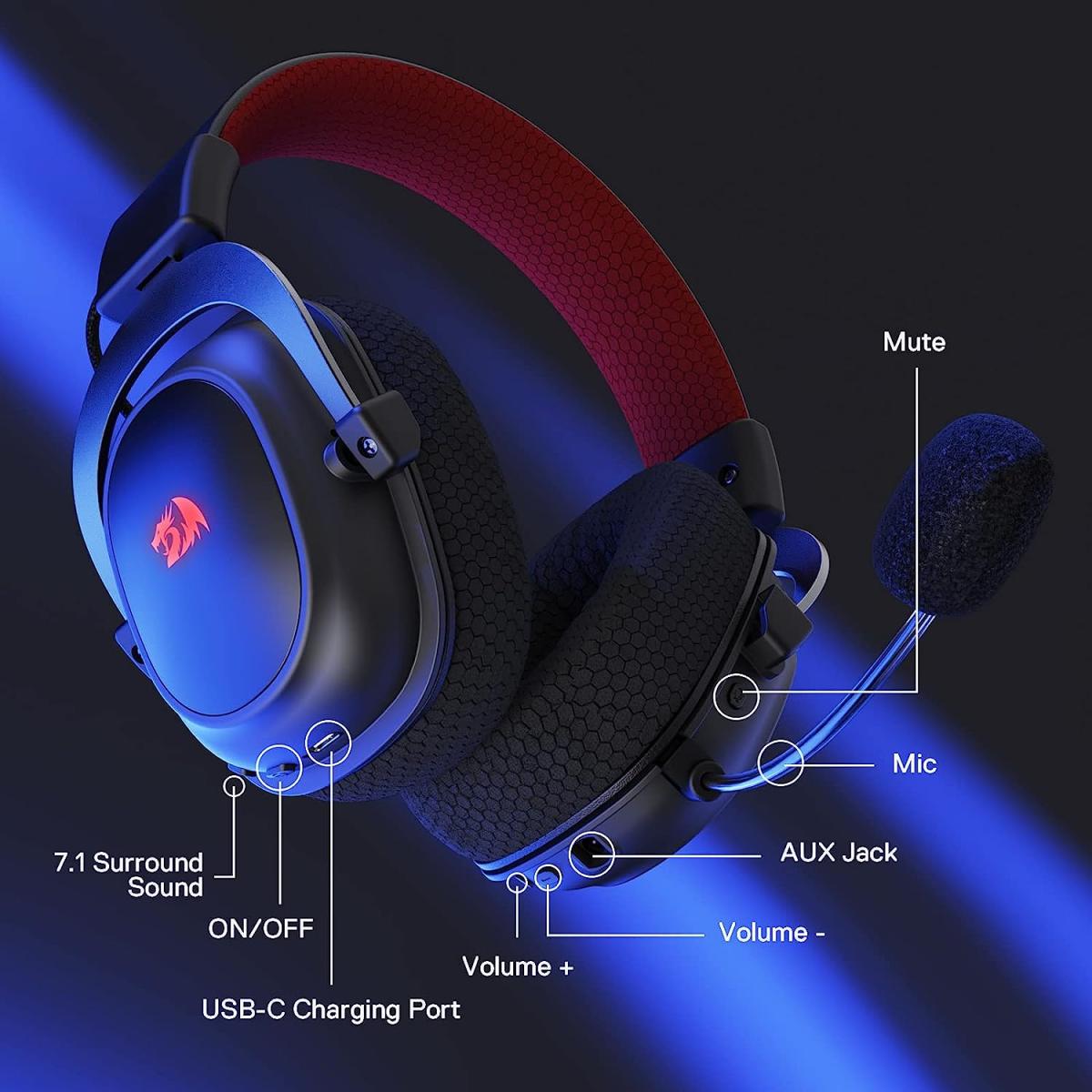 Redragon H510 Zeus-X RGB Wireless 7.1 Surround Sound 53MM Audio Drivers Memory Foam Durable Fabric Cover Multi Platforms Headphone