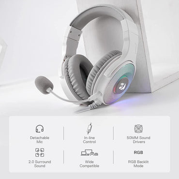 Redragon H350 Pandora Wired RGB Headset 50MM Driver Surround Sound & HD Microphone For PC/PS4/XBOX One/NS - White