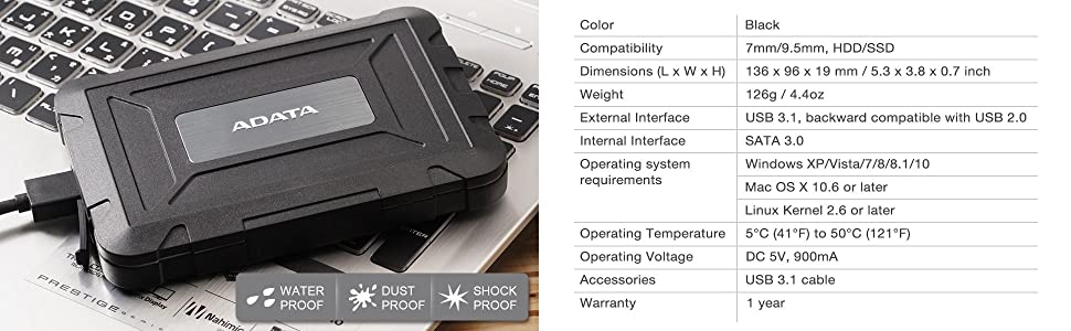 ADATA ED600 USB 3.1 Tool-Free Waterproof & Shockproof 2.5" Enclosure